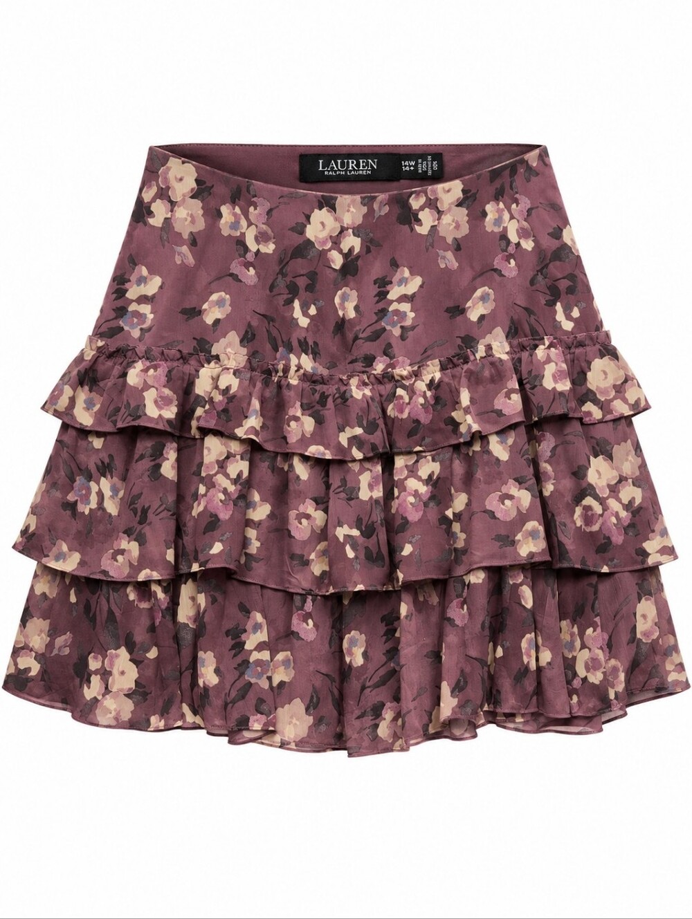 168-nwot-Lauren Ralph Lauren Mauve Floral Tiered Ruffle Mini Skirt